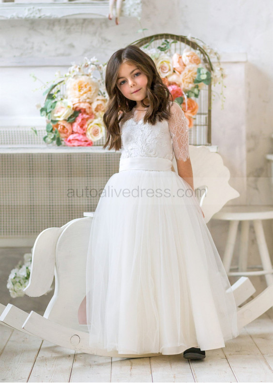 Elbow Sleeve Ivory Lace Tulle Floor Length Flower Girl Dress